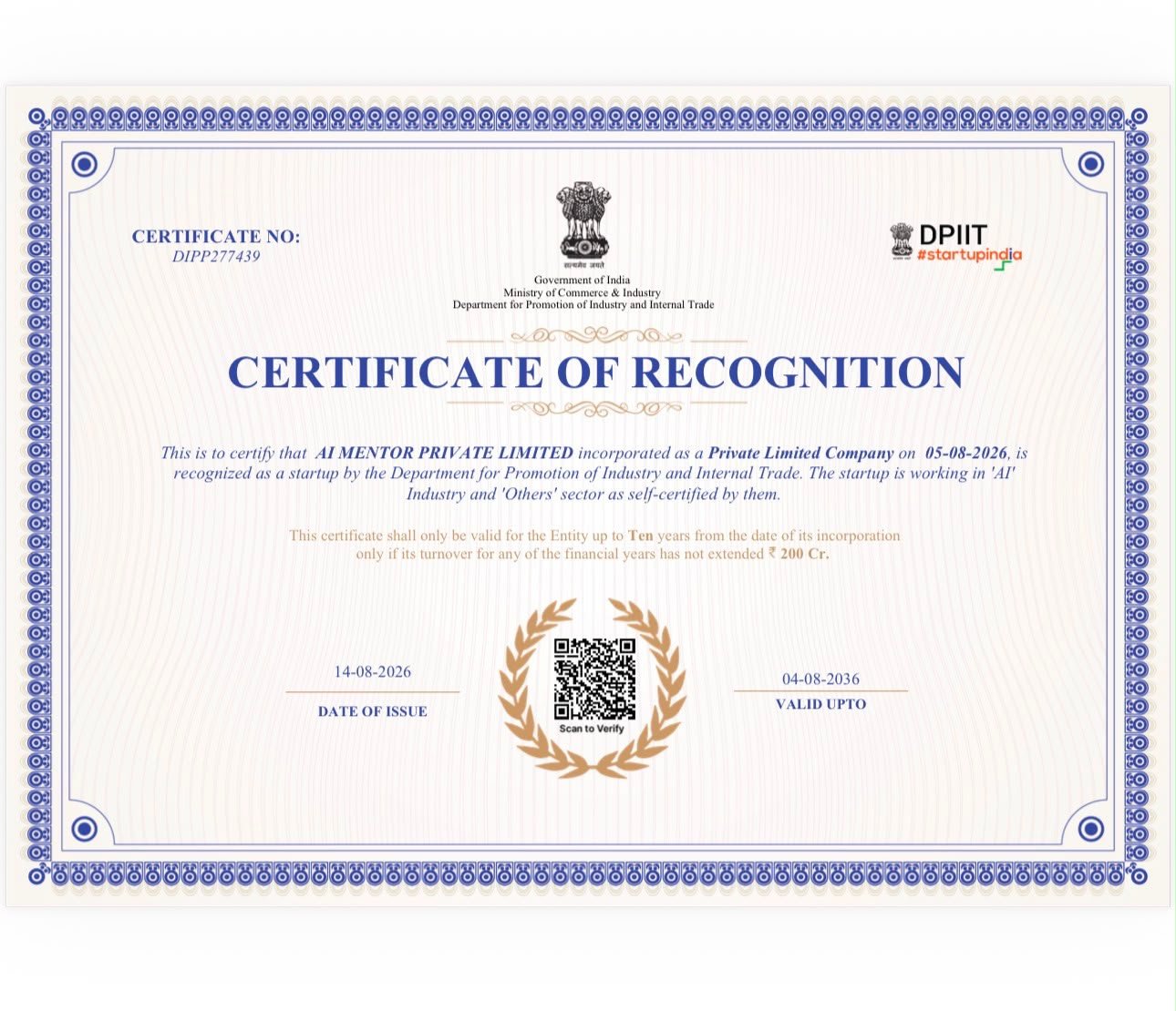 DPIIT Certificate DIPP277439